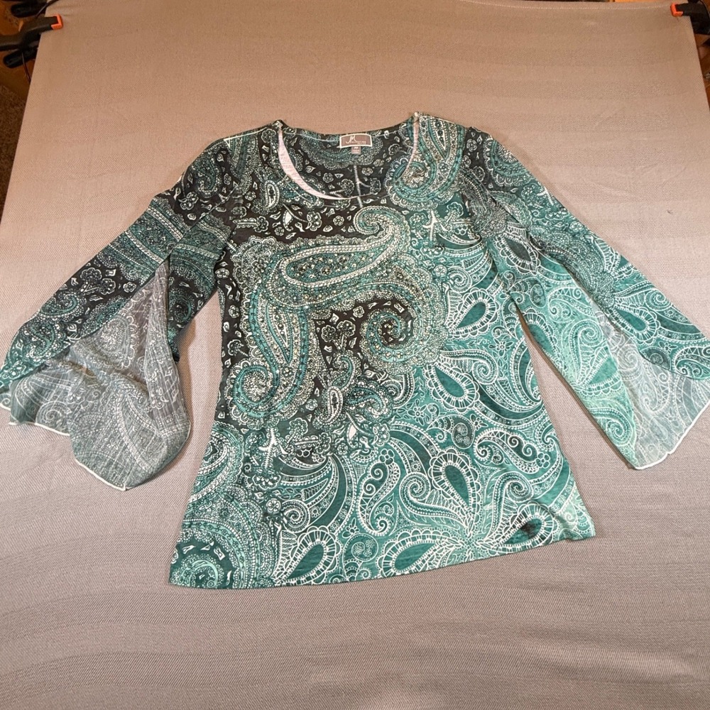 JM Collection Petite Teal Green Paisley Split Bell Sleeve Top S/88046P PP